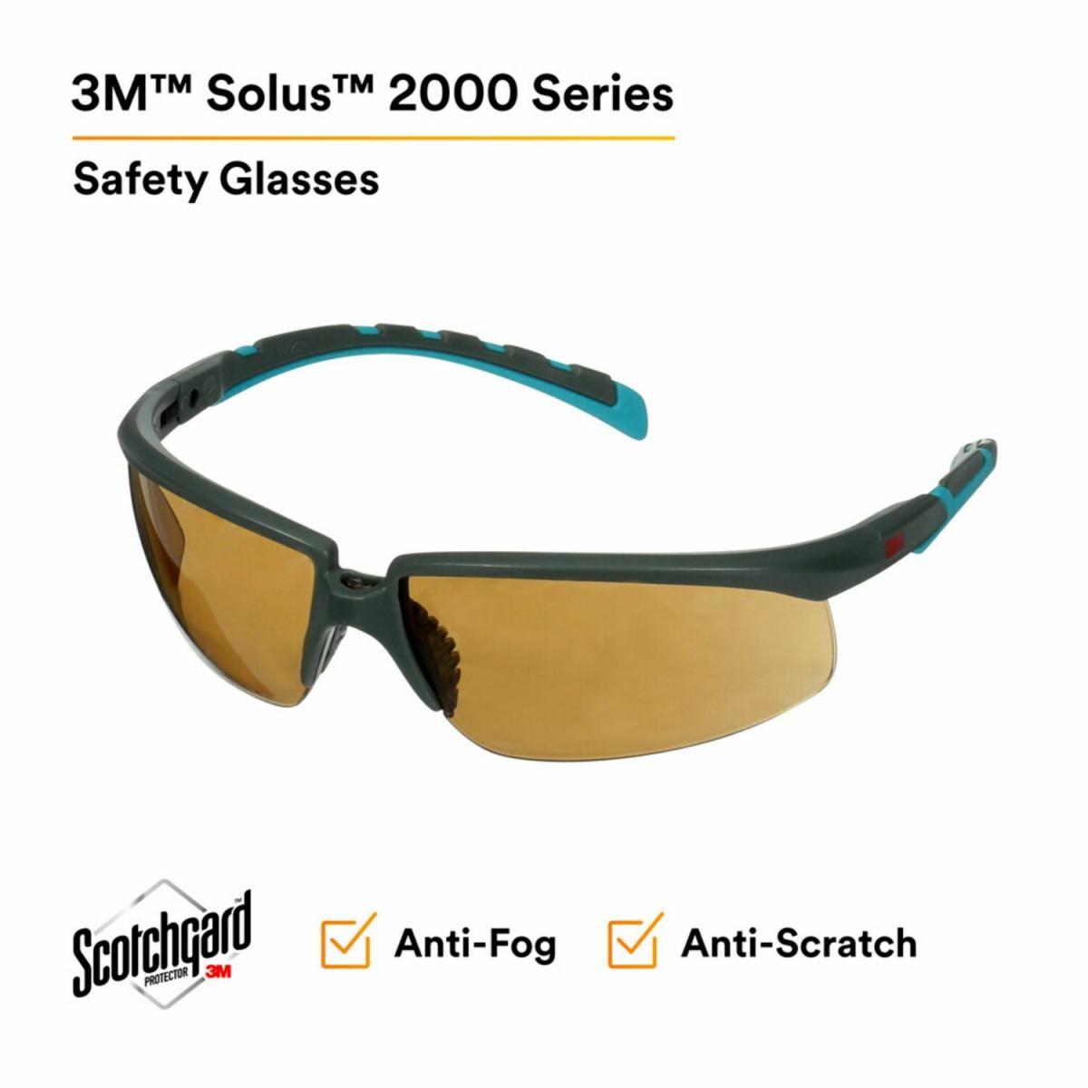 Solus™ 7100203166 Safety Glass, Anti-Scratch/Anti-Fog, Brown Lens, Half-Frame Frame, Gray/Teal, Plastic Frame, Polycarbonate Lens, ANSI Z87.1-2015