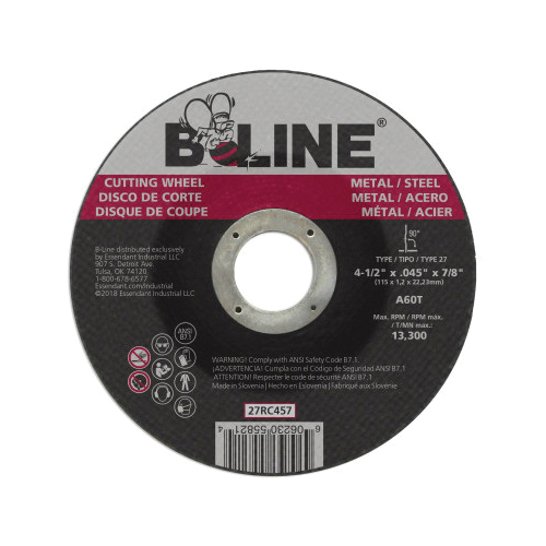 B-Line Abrasives 90894 Depressed Center Cutting Wheel, 4-1/2 in Dia x 0.045 in THK, 7/8 in Center Hole, 60 Grit, Aluminum Oxide Abrasive