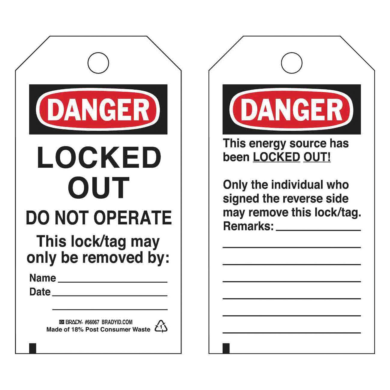 TAG LOCKOUT 5-3/4IN 3IN BK/R ON WHT BRS