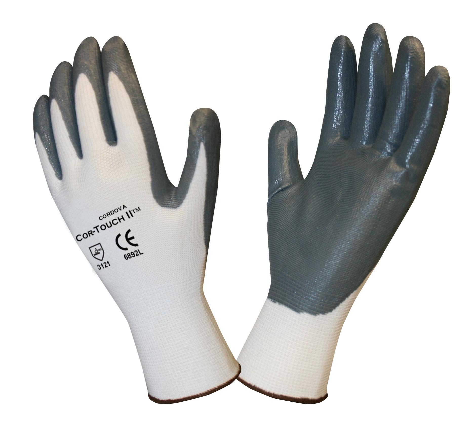 Cor-Touch® 6892L 6892 General Purpose Gloves, Knit, Seamless/Straight Thumb Style, L, Nitrile Palm, 13 ga Polyester, Gray/White, Resists: Abrasion/Snag/Oil/Puncture