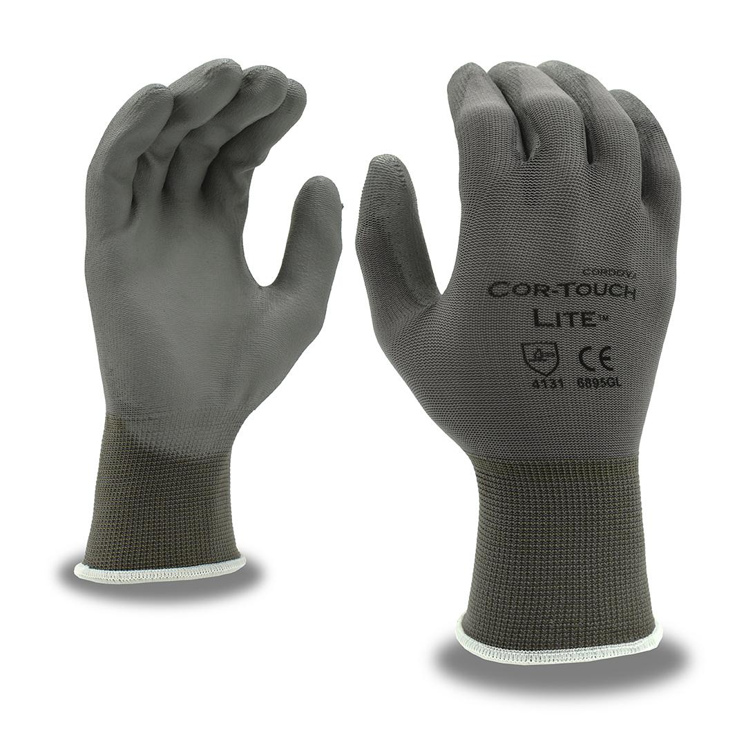 Cor-Touch® 6895GL 6895G General Purpose Gloves, Knit, Seamless/Straight Thumb Style, L, Polyurethane Palm, 15 ga Nylon, Gray, Resists: Abrasion/Snag/Tear