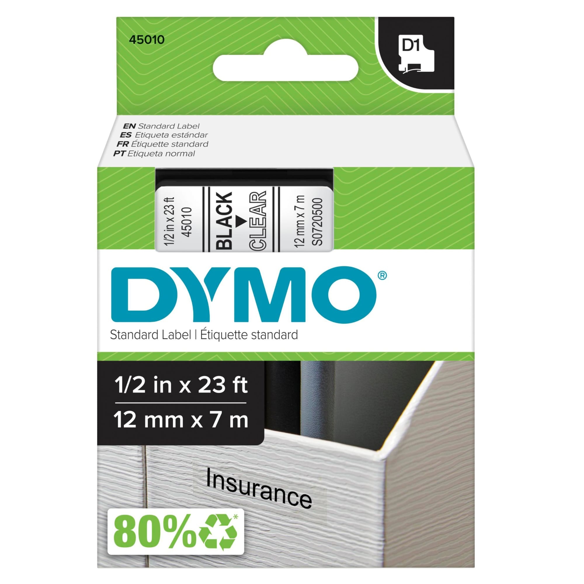 DYMO® 45010 Electrical Label Tape, 23 ft L x 0.5 in W, Black