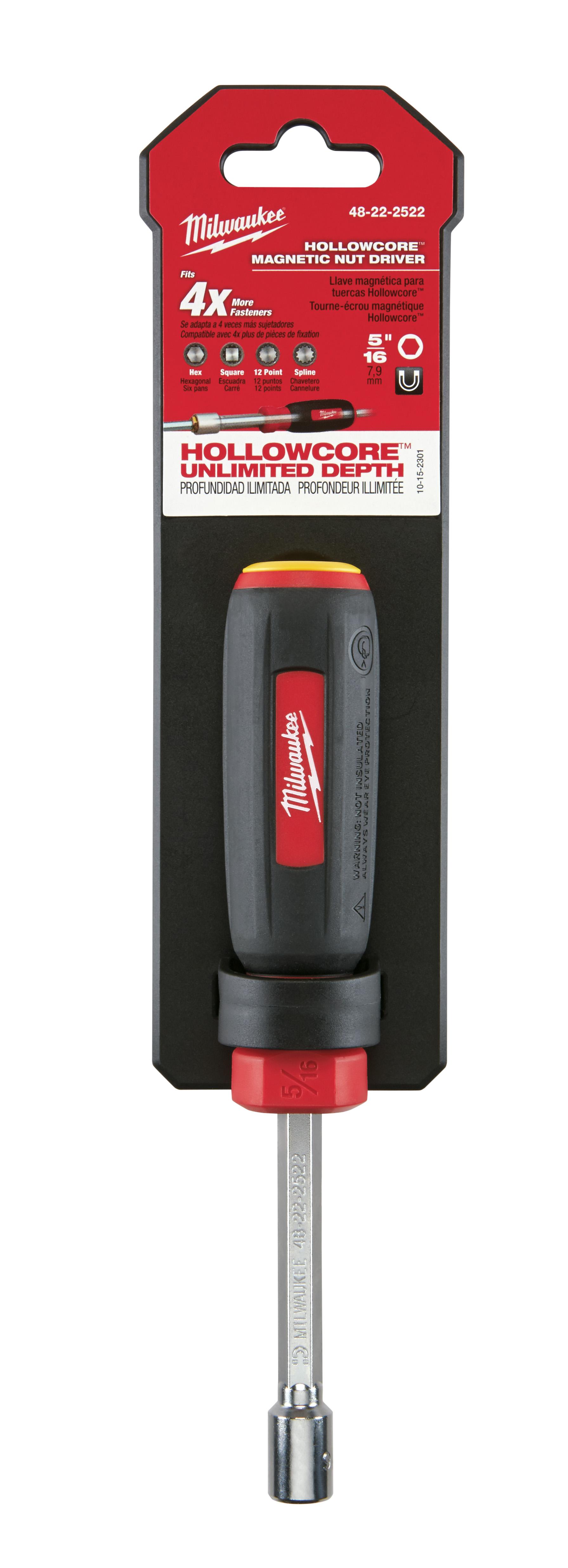 Milwaukee® HollowCore™ 48-22-2522 Magnetic Nut Driver, 5/16 in, Hex Shank, Black/Red, Polished Chrome