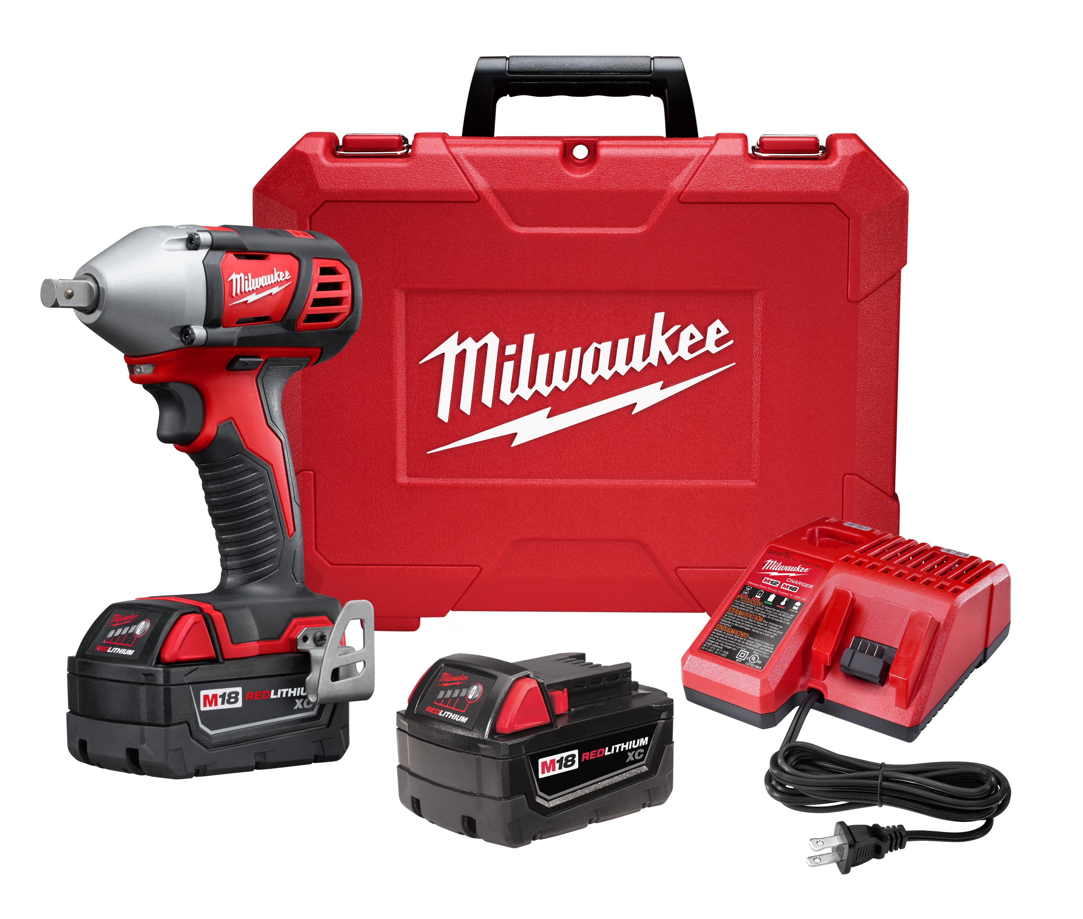 Milwaukee® M18™ 2659-22 Compact Cordless Impact Wrench Kit With Pin Detent, 1/2 in Straight Drive, 3350 bpm, 183 ft-lb Torque, 18 V DC, 6 in OAL