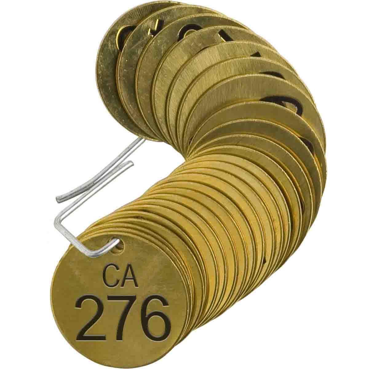 Brady® 87471 1-Sided Circular Stamped Numbered Valve Tag, 1-1/2 in H x 1-1/2 in W, Black on Brass, 0.188 in Hole, B-907 Brass
