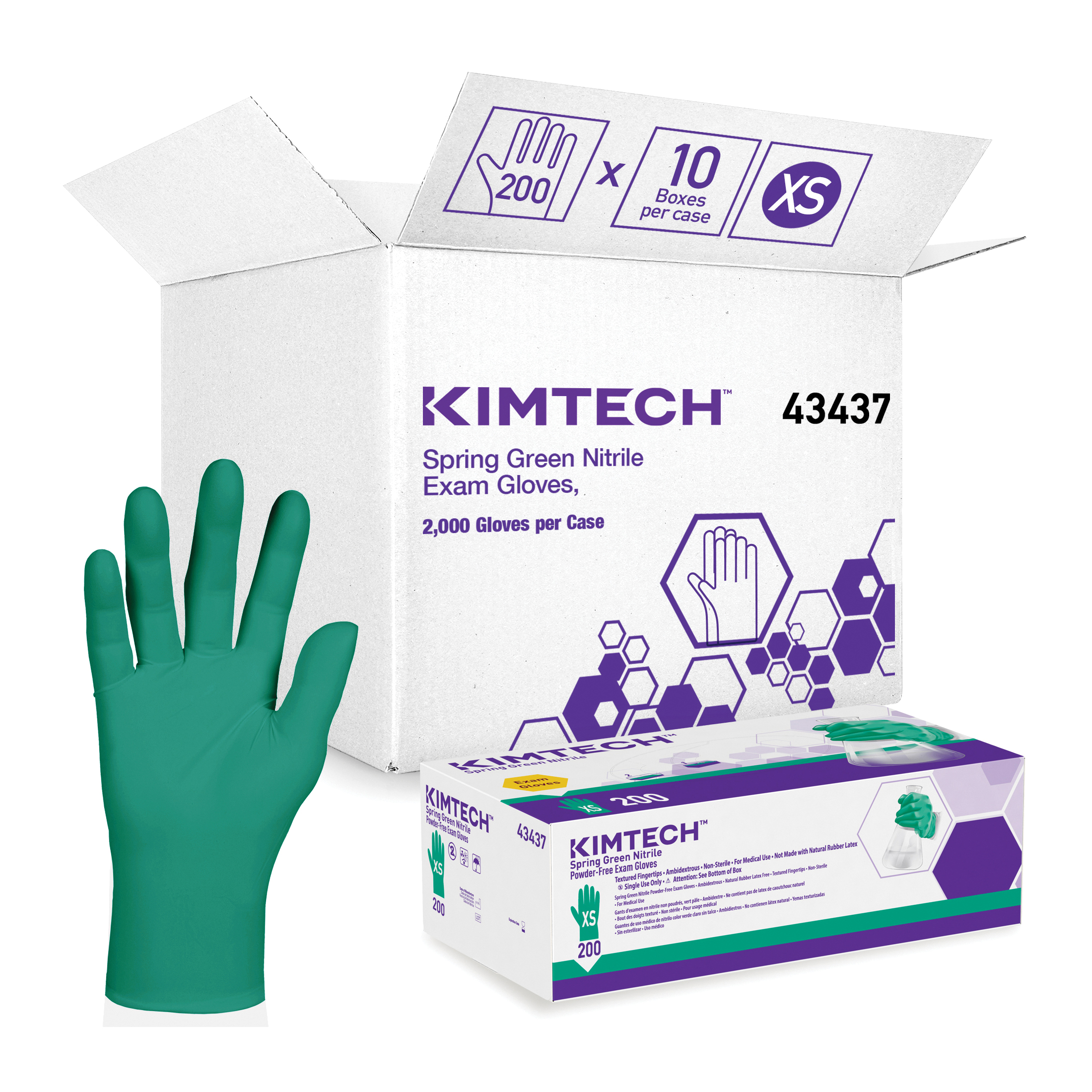 Kimberly-Clark* 43437 Disposable Gloves, XS, Nitrile™, Spring Green, 9-1/2 in L, Non-Powdered, Textured, 4.7 mil THK, Application Type: Exam Grade, Ambidextrous Hand