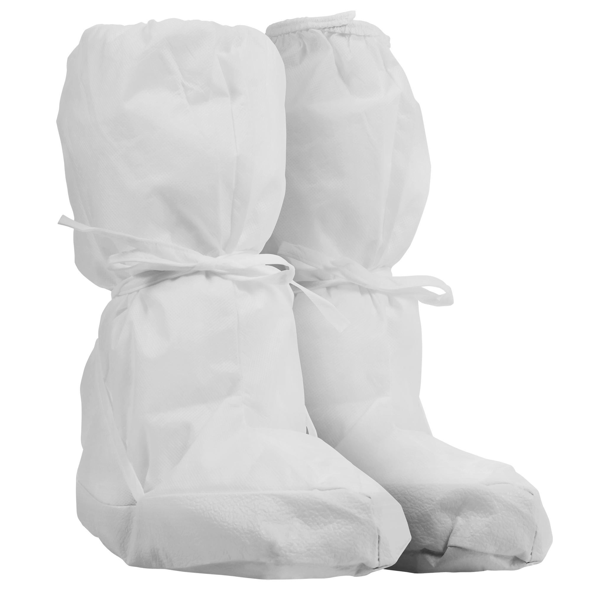 Kimtech* 31697 A5 Sterile Boot Cover With Grasp Ties, CE Certified, ISO Class 5, L to XL Fits Shoe, White, Elastic Closure, Polypropylene SMS Fabric Outsole, Resists: Particles, Splash and Water