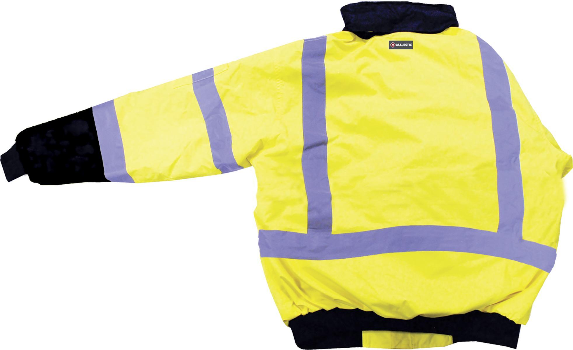Majestic Glove 75-1313/L Bomber Jacket With Quilted Liner, Black Bottom/Hi-Viz Yellow, Polyurethane Coated Polyester, 55-1/8 in Chest, Resists: Water, Specifications Met: ANSI/ISEA 107-2015 Class 3, Type R