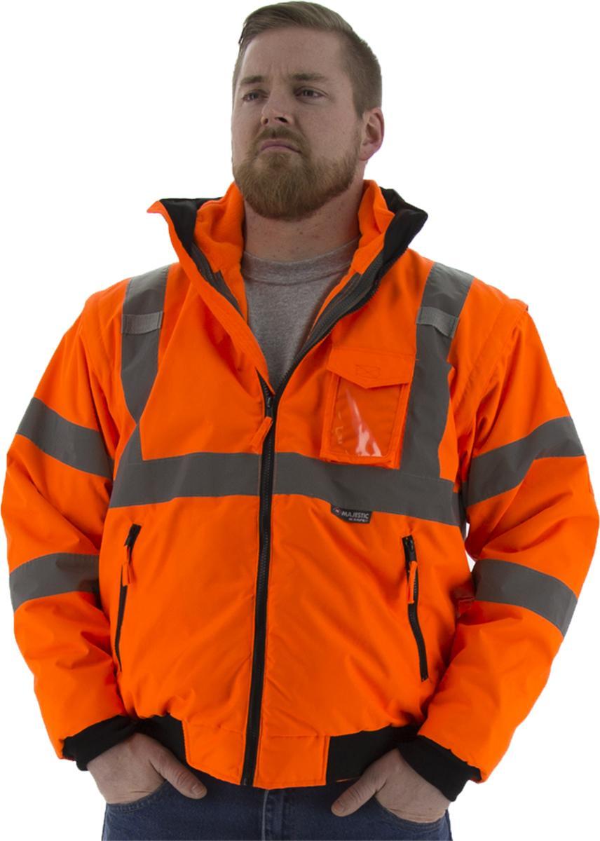 Majestic Glove 75-1382/L 8-in-1 Transformer Bomber Jacket With High Visibility Liner, Hi-Viz Orange, Polyester/Polyurethane Coated, 56-7/8 in Chest, Resists: Water, Specifications Met: ANSI/ISEA 107-2015 Class 3 Type R