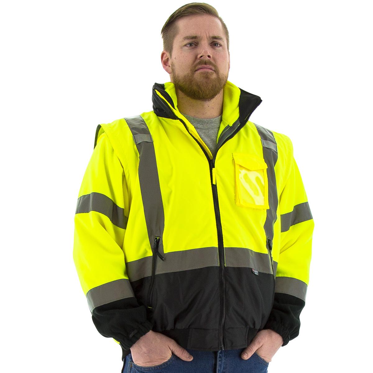 Majestic Glove 75-1383/L 8-in-1 Transformer Bomber Jacket With High Visibility Liner, Black Bottom/Hi-Viz Yellow, Polyester/Polyurethane Coated, 56-7/8 in Chest, Resists: Water, Specifications Met: ANSI/ISEA 107-2015 Class 3 Type R
