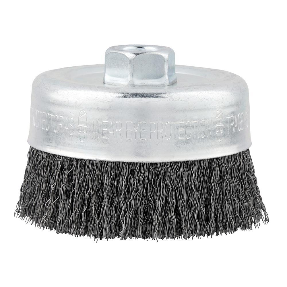 Milwaukee® 48-52-1300 Cup Brush, 4 in Dia Brush, 5/8-11 Arbor Hole, 0.014 in Dia Filament/Wire, Crimped, Carbon Steel Fill