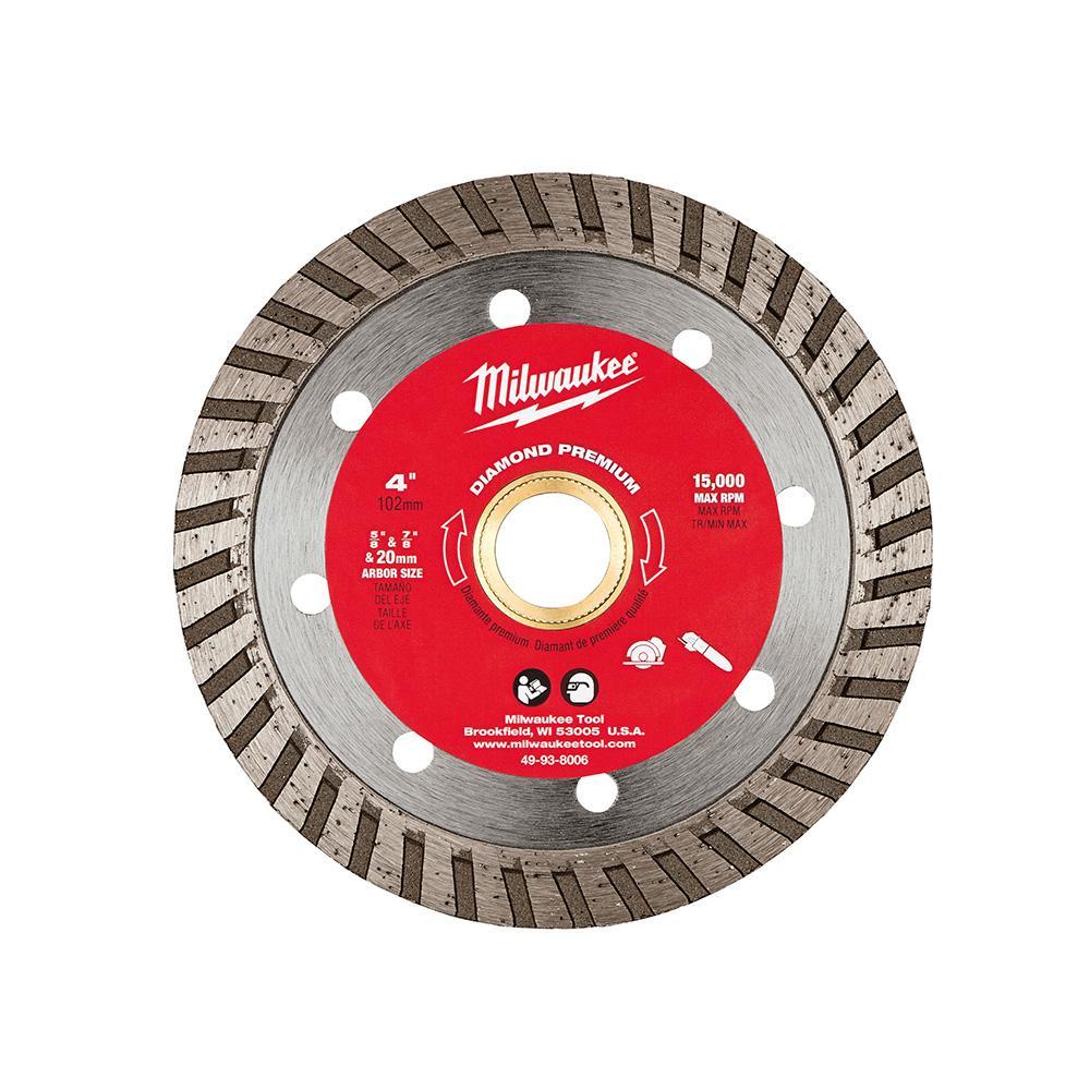 Milwaukee® 49-93-8006 Premium Turbo Circular Diamond Saw Blade, 4 in Dia Blade, 7/8 in, 20 mm, 5/8 in Arbor/Shank, Wet/Dry Cutting