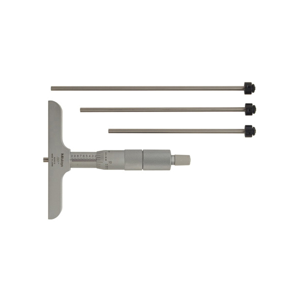 Mitutoyo 129-131 Imperial Interchangeable Rod Depth Micrometer, 0 to 4 in, Graduations: 0.001 in, Hardened Steel, Satin Chrome
