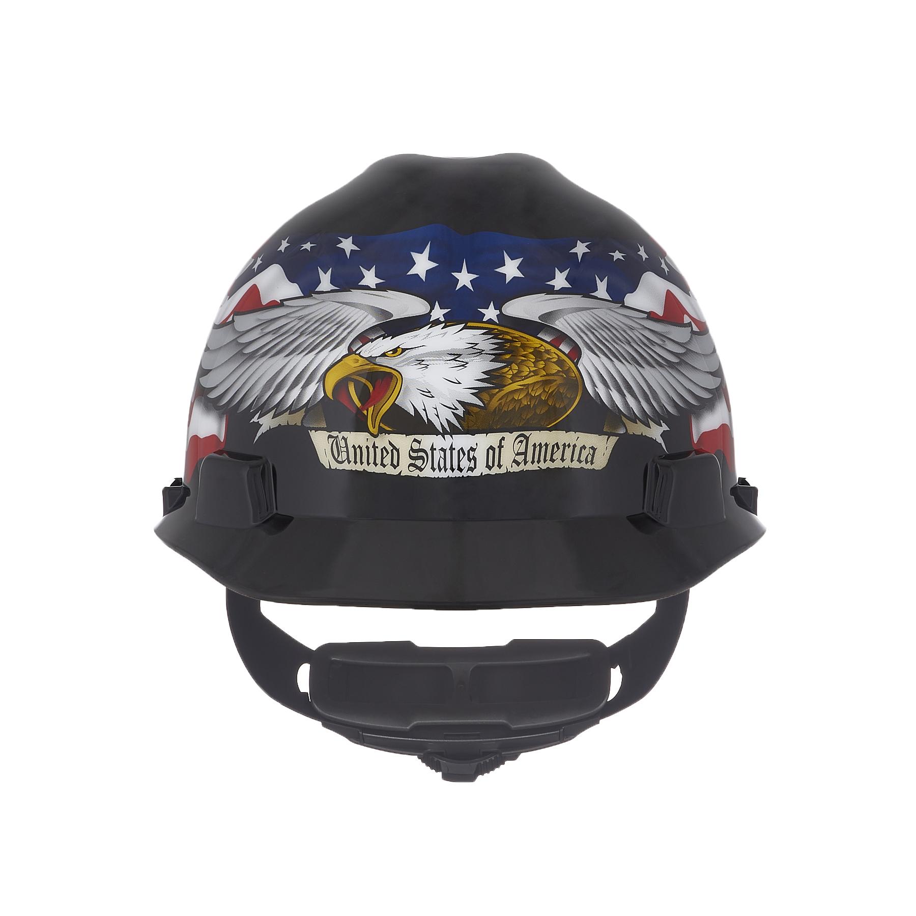 MSA V-Gard® 10079479 Hard Hat, 6-1/2 Fits Mini Hat, 8 Fits Max Hat, Polyethylene, 4-Point Fas-Trac® III Suspension, ANSI Electrical Class Rating: Class E, ANSI Impact Rating: Type I, Eagle with Flag Graphics, Ratchet Adjustment