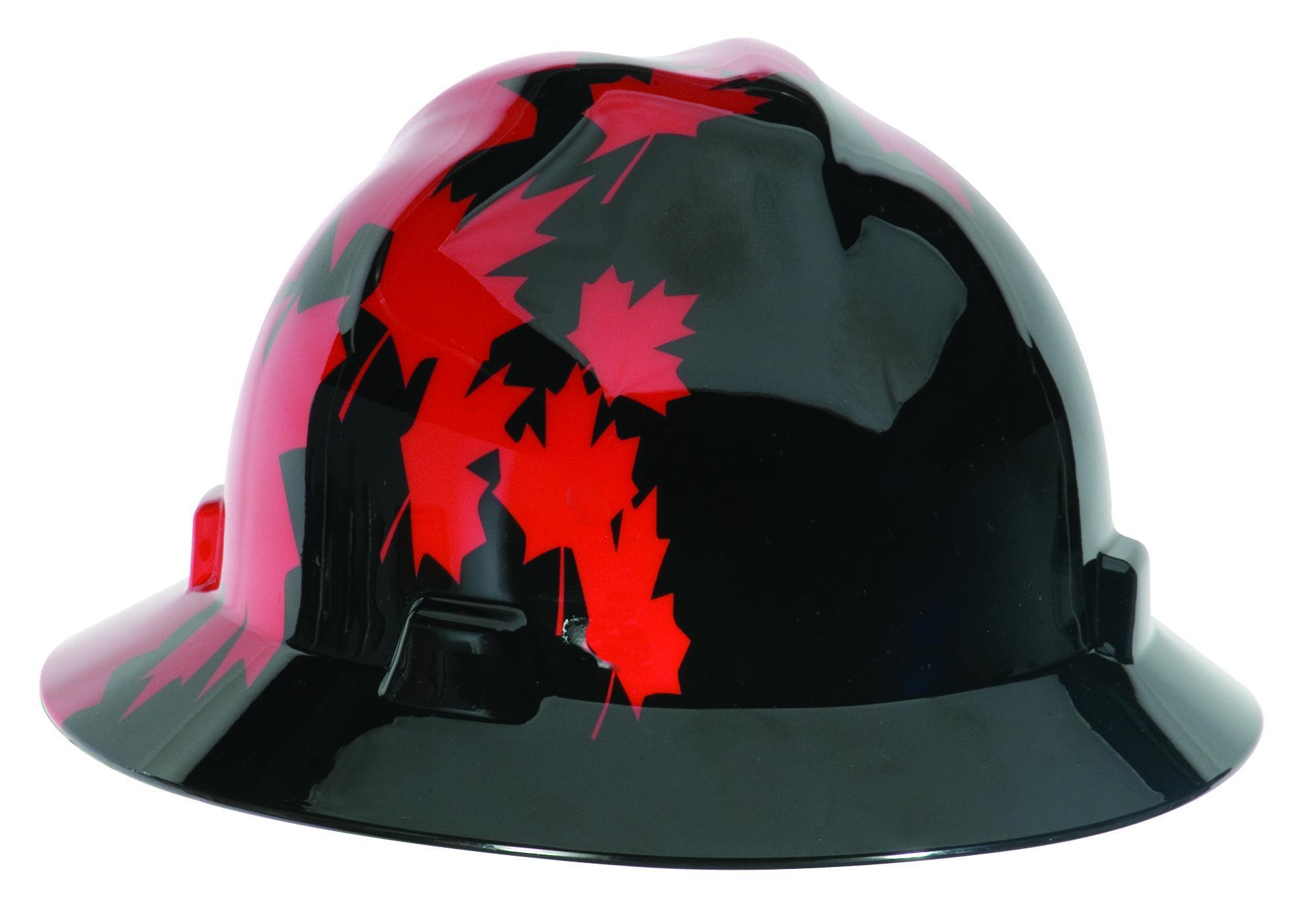 MSA V-Gard® 10082235 Canadian Freedom Front Brim Protective Cap With Red Maple Leaf, Plastic, Ratchet Suspension, Black with Red Maple Leaf Graphics, Ratchet Adjustment