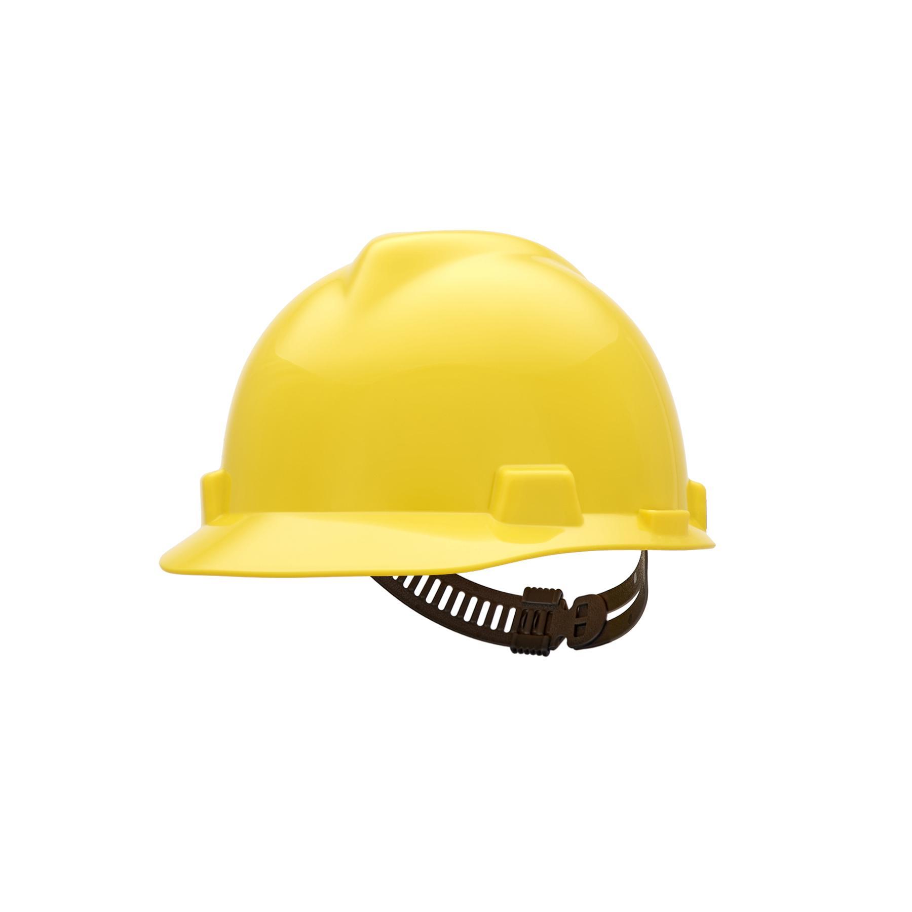 MSA V-Gard® 466356 Front Brim Hard Hat, 6 Fits Mini Hat, 7-1/8 Fits Max Hat, Polyethylene, 4-Point Staz-On® Suspension, ANSI Electrical Class Rating: Class E, ANSI Impact Rating: Type I, Pin Lock Adjustment