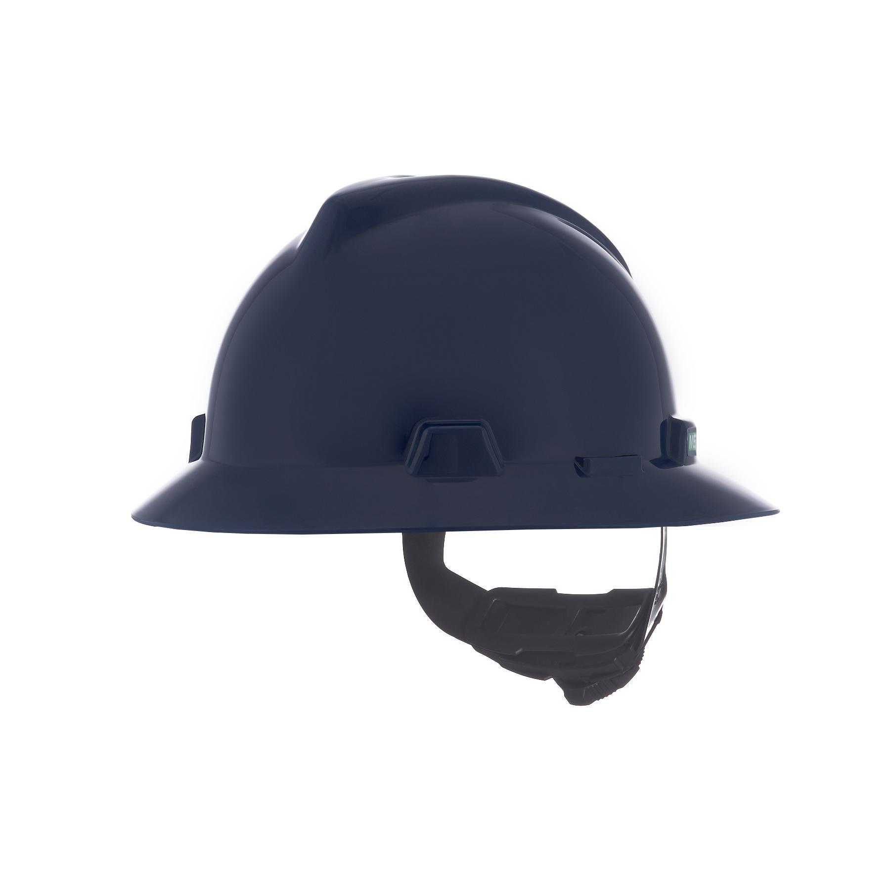 MSA V-Gard® 802975 Full Brim Vented Hard Hat, 6-1/2 Fits Mini Hat, 8 Fits Max Hat, Polyethylene, 4-Point Fas-Trac® III Suspension, ANSI Electrical Class Rating: Class E, ANSI Impact Rating: Type I, Ratchet Adjustment