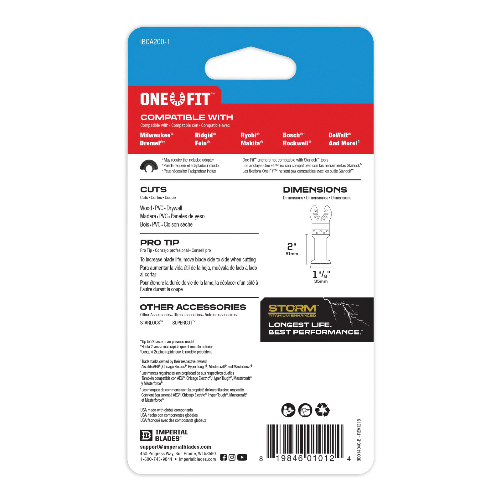 Imperial ONE FIT™ IBOA200-1 Fast Cut Speartooth Wood Blade, For Use With Milwaukee, Ridgid, Ryobi, Bosch, DeWalt, Dremel, Fein, Makita, Rockwell Imperial ONE FIT™ Anchor Fits Majority of Non-Imperial STARLOCK™ Multi-Tool, 1 in Arbor, 1-3/8 in, High Carbon Steel