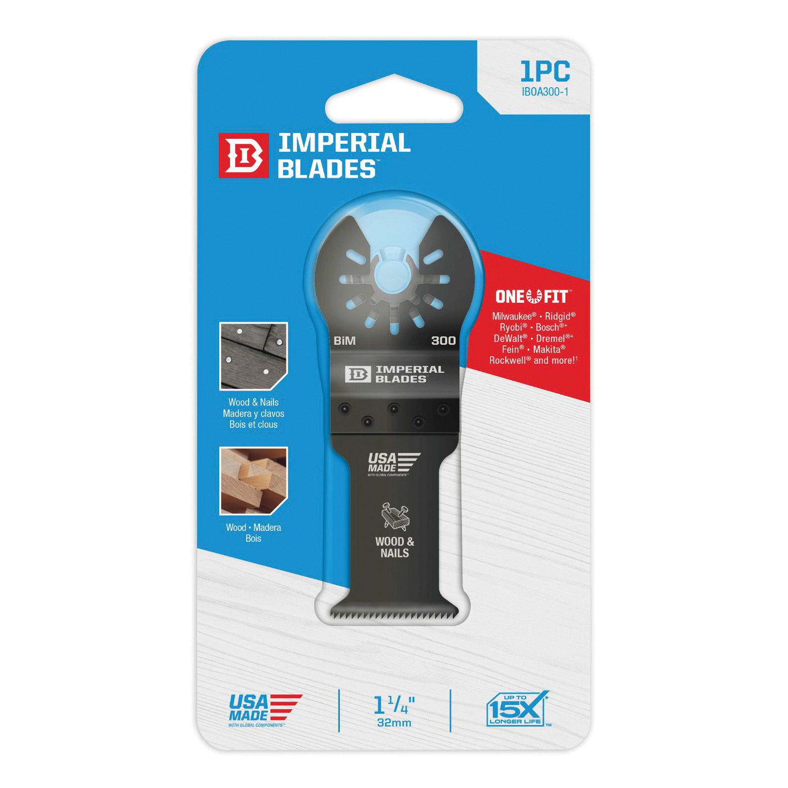 Imperial ONE FIT™ IBOA300-1 Standard Wood and Nail Blade, For Use With Milwaukee, Ridgid, Ryobi, Bosch, DeWalt, Dremel, Fein, Makita, Rockwell Imperial ONE FIT™ Anchor Fits Majority of Non-Imperial STARLOCK™ Multi-Tool, 1 in Arbor, 1-1/4 in, Bi-Metal
