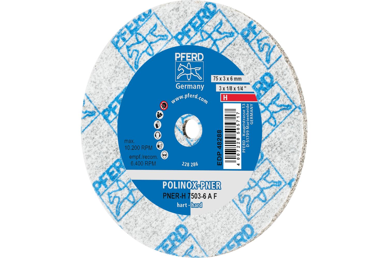 PFERD Polinox® 44691010 Non-Woven Unitized Wheel, 3 in Dia, 1/4 in Center Hole, 1/8 in W Face, Medium Grade, Aluminum Oxide Abrasive