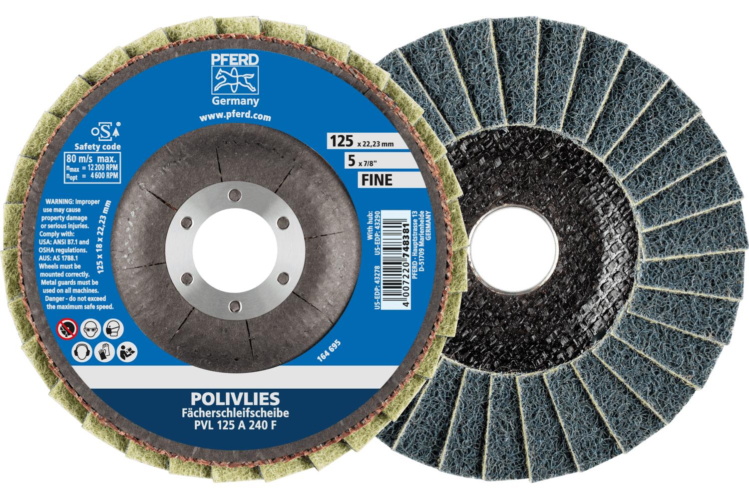 PFERD POLIVLIES® Polifan® 44694113 Non-Woven Flap Disc, 5 in Dia, 7/8 in Center Hole, 240 Grit, Fine Grade, Aluminum Oxide Abrasive