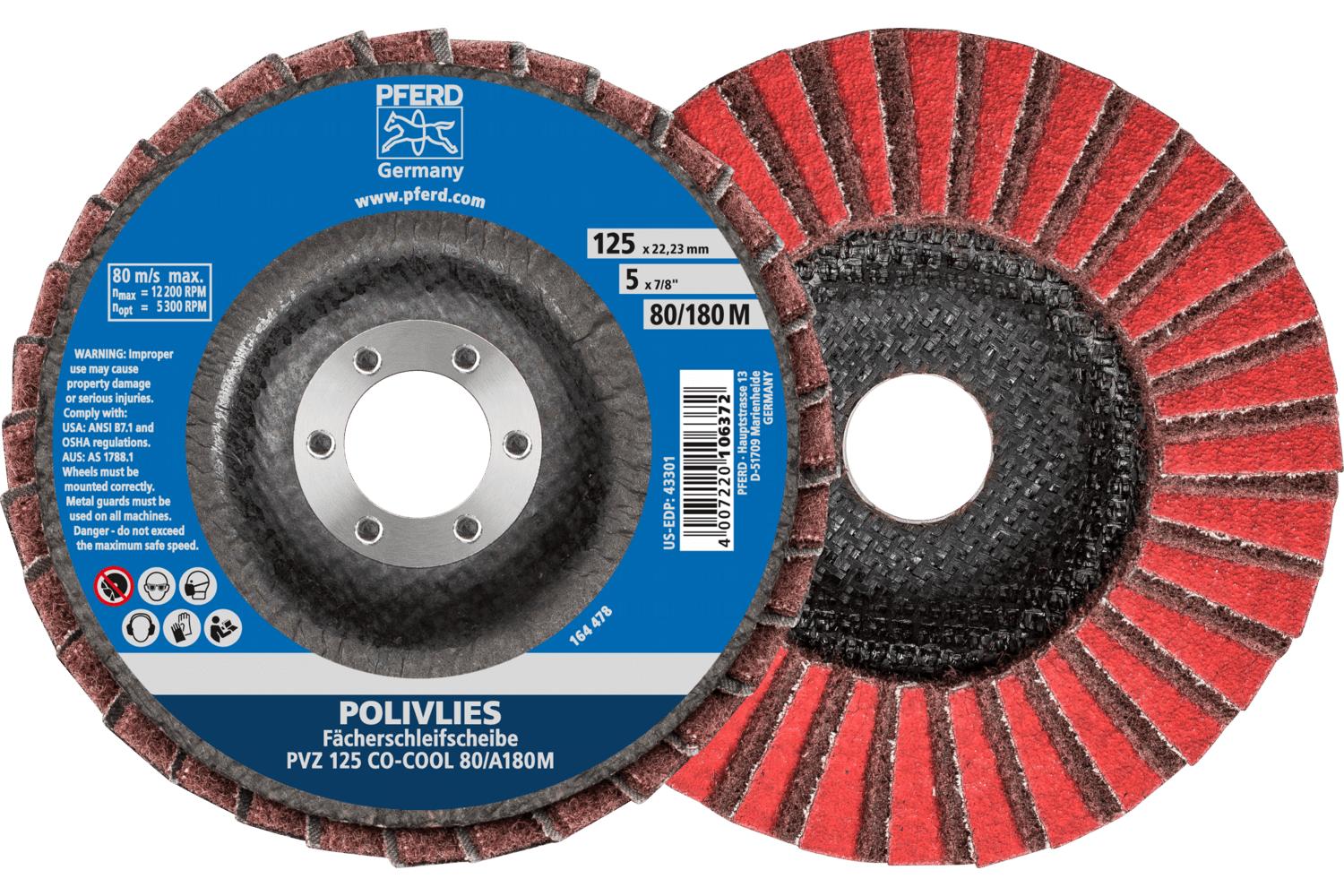 PFERD POLIVLIES® 44695102 Non-Woven Flap Disc, 4-1/2 in Dia Disc, 7/8 in Center Hole, 80 Grit, Medium Grade, Ceramic Oxide Abrasive