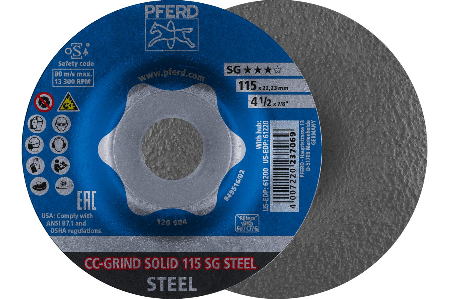 PFERD CC-GRIND®-SOLID Performance Line SG 64185115 Unthreaded Coated Abrasive Disc, 4-1/2 in Dia