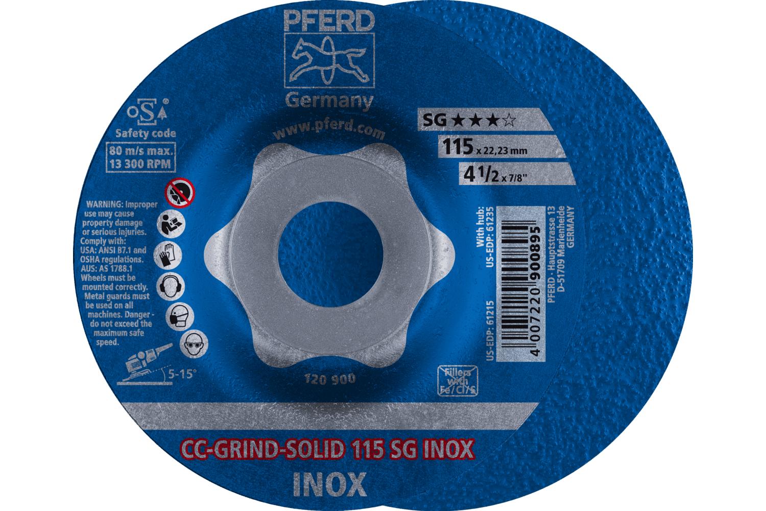 PFERD CC-GRIND®-SOLID Performance Line SG 64186115 Unthreaded Coated Abrasive Disc, 4-1/2 in Dia