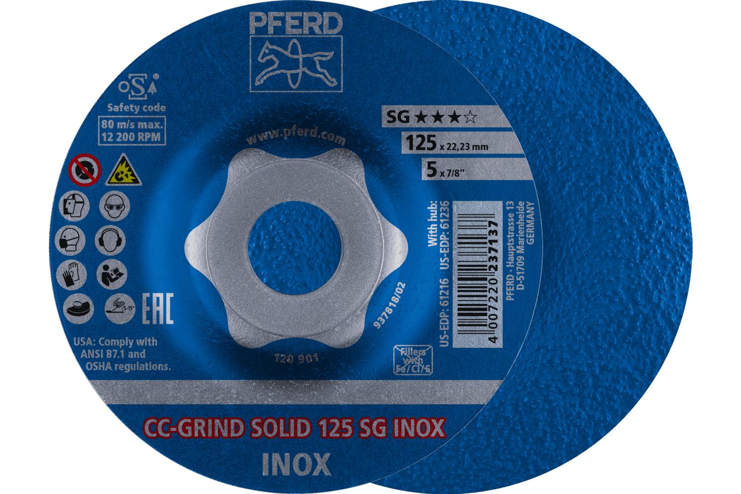 PFERD CC-GRIND®-SOLID Performance Line SG 64186125 Unthreaded Coated Abrasive Disc, 5 in Dia