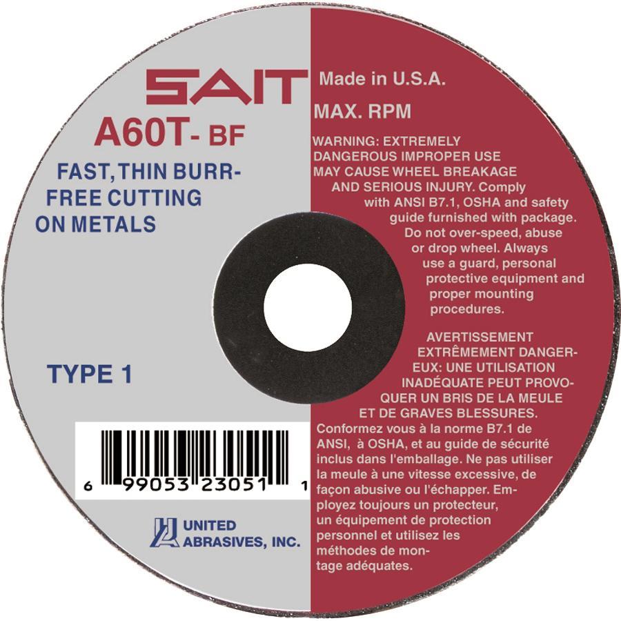 United Abrasives-SAIT 23201 Thin High Speed Cut-Off Wheel, 6 in Dia x 1/16 in THK, 5/8 in Center Hole, A60T Grit, Aluminum Oxide Abrasive