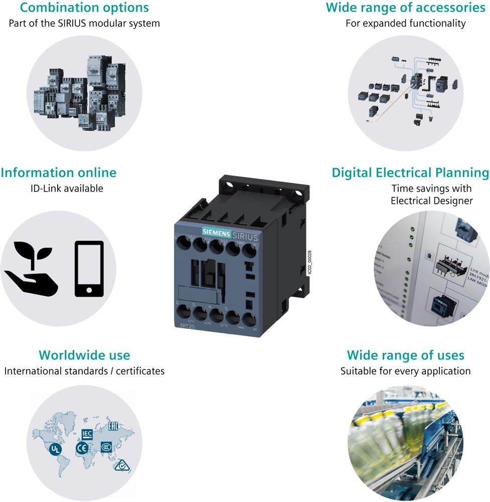 Siemens SIRIUS 3RT20171BB41 Power Contactor, 24 VDC V Coil, 12 A, 1NO Contact, 3 Poles
