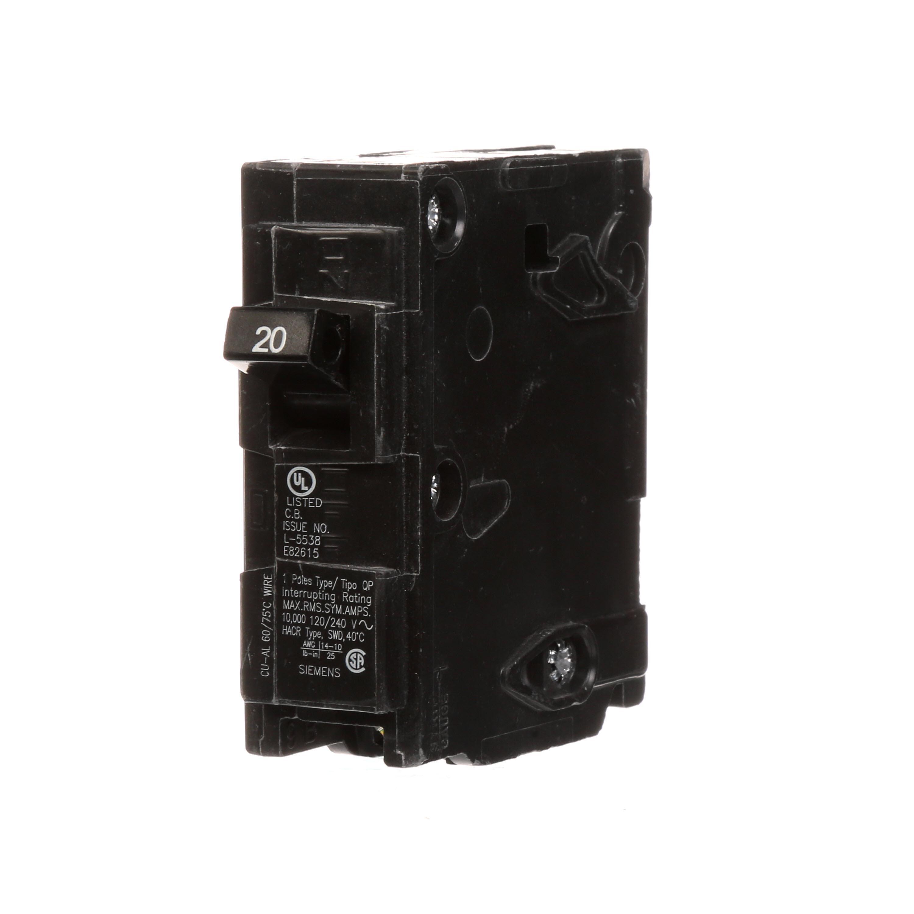 Siemens Q120 Molded Case Circuit Breaker With Insta-Wire, 120 V AC, 20 A, 10 kA Interrupt, 1 Poles, Thermal Magnetic Trip