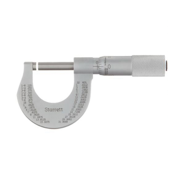 Starrett® 230P Mechanical Outside Micrometer, 0 to 1 in, Graduations: 0.001 in, Steel, Satin Chrome