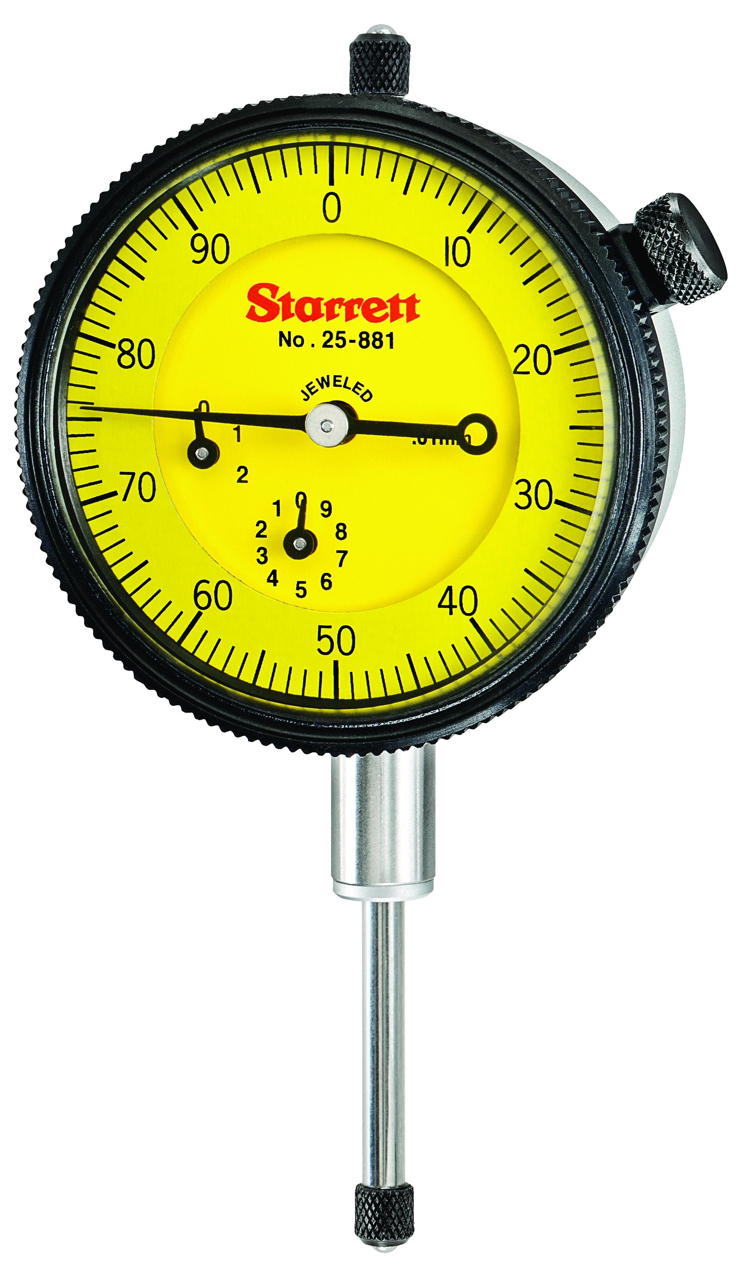 Starrett® 25-881J 25 Series AGD Group 2 Continuous Dial Indicator, 25 mm, 0 to 100 Dial Reading, 0.01 mm, 2-1/4 in Dial, 13/64 in Dia Tip