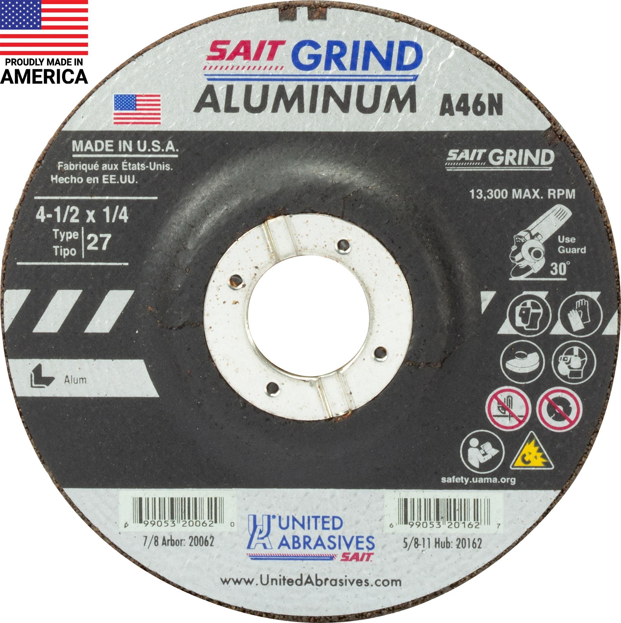 United Abrasives-SAIT 20062 Depressed Center Wheel, 4-1/2 in Dia x 1/4 in THK, 7/8 in Center Hole, 46 Grit, Aluminum Oxide Abrasive