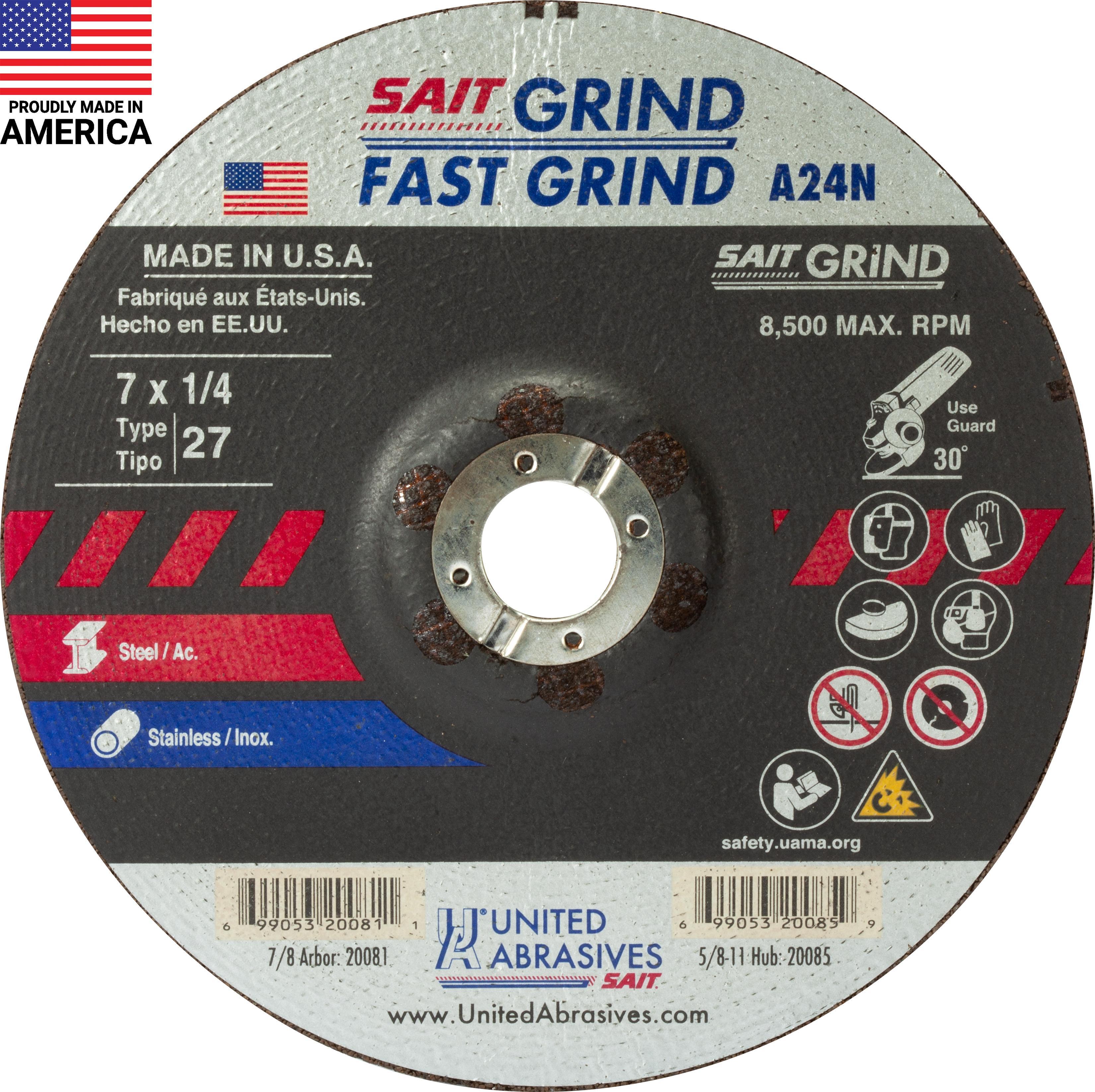 United Abrasives-SAIT 20081 General Purpose Depressed Center Wheel, 7 in Dia x 1/4 in THK, 7/8 in Center Hole, 24 Grit, Aluminum Oxide Abrasive