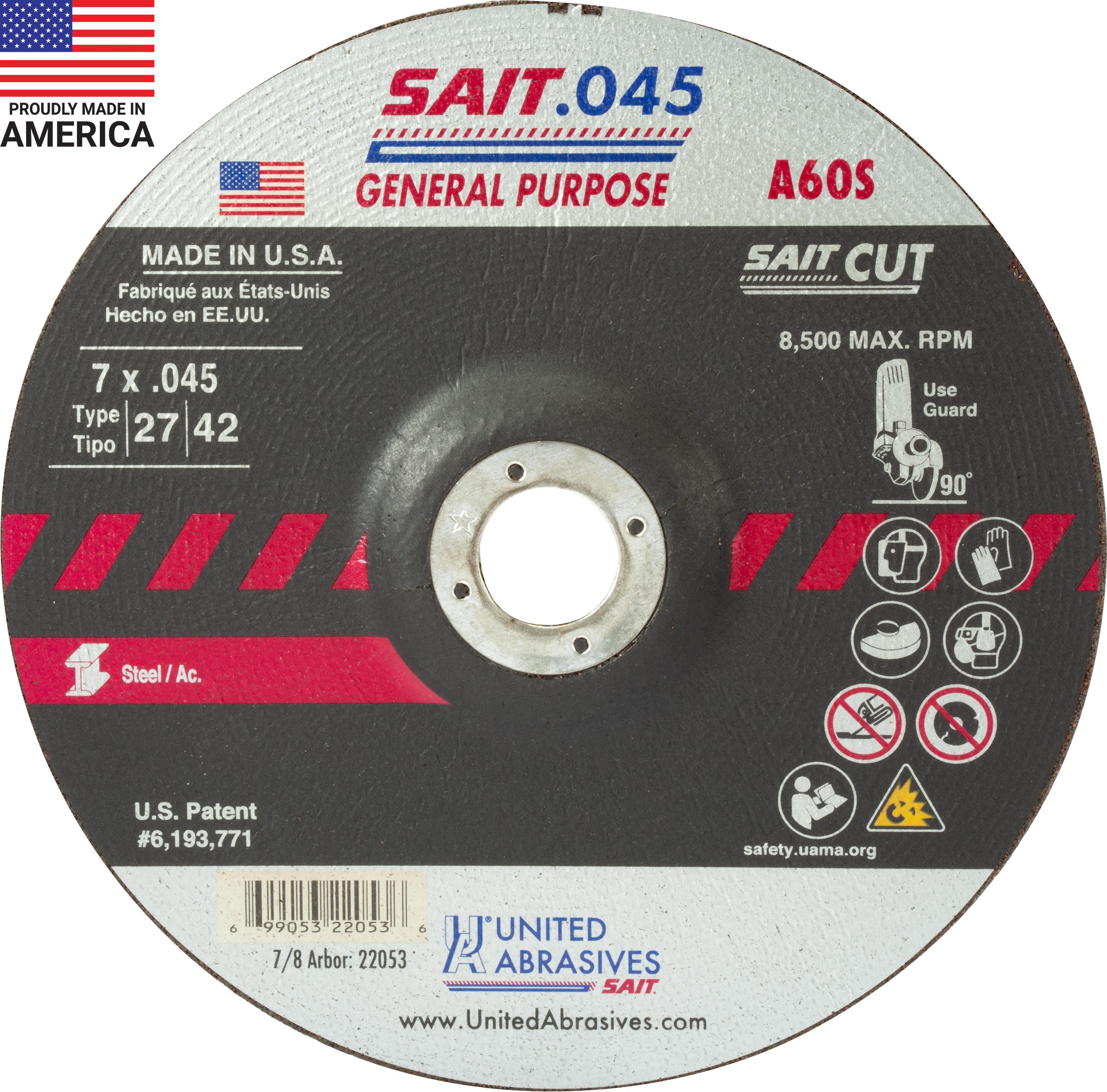 United Abrasives-SAIT 22053 General Purpose Depressed Center Wheel, 7 in Dia x 0.045 in THK, 7/8 in Center Hole, 60 Grit, Aluminum Oxide Abrasive