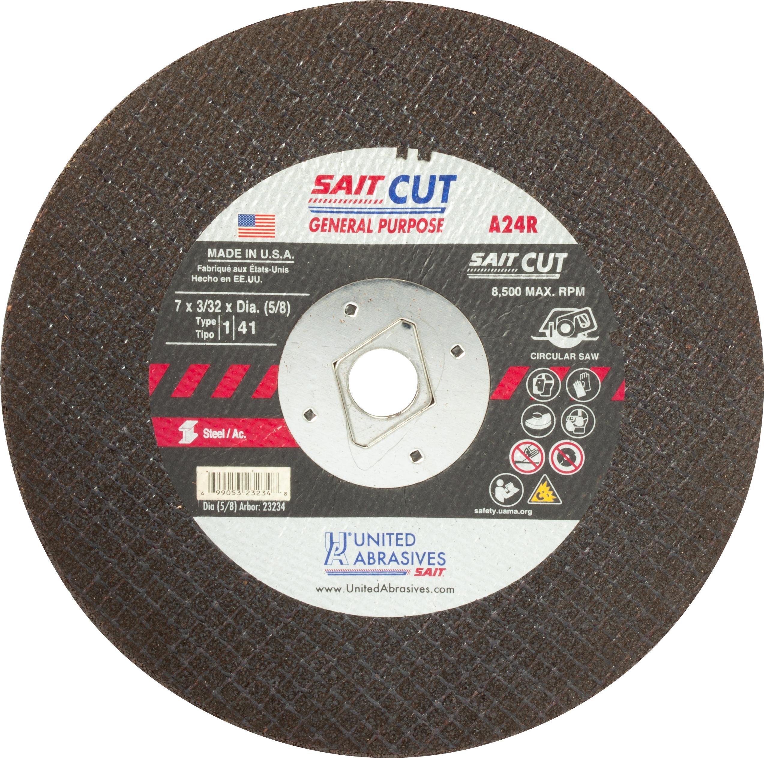 United Abrasives-SAIT 23258 Type 1 Burr Free Portable Saw Cut-Off Wheel, 8 in Dia x 3/32 in THK, 5/8 in Center Hole, A24R Grit, Aluminum Oxide Abrasive