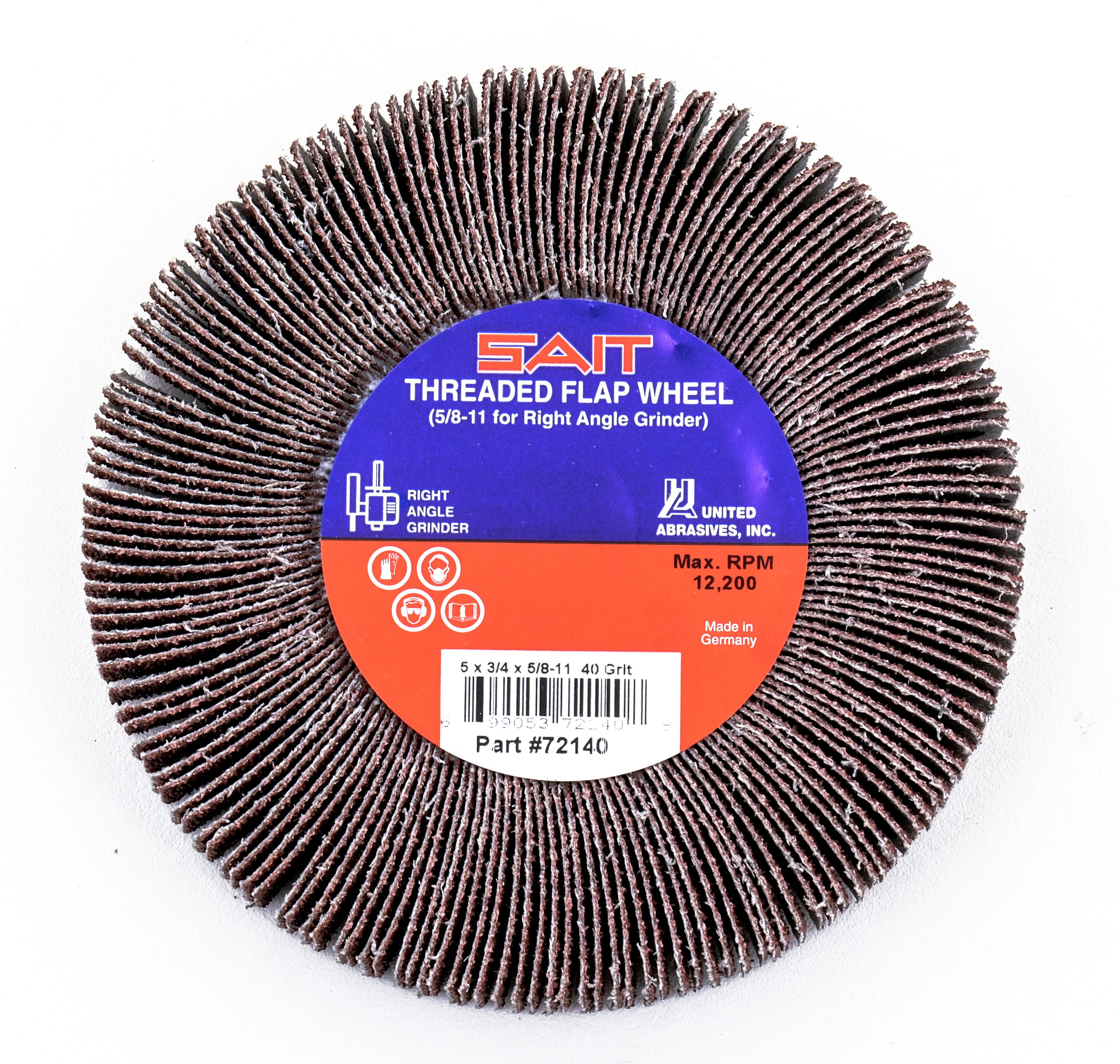 United Abrasives-SAIT 72140 Threaded Flap Wheel, 5/8 in Dia Wheel, 3/4 in W Face, 40 Grit, Aluminum, Ferrous Metal, Non-Ferrous Metal, Stainless Steel Abrasive