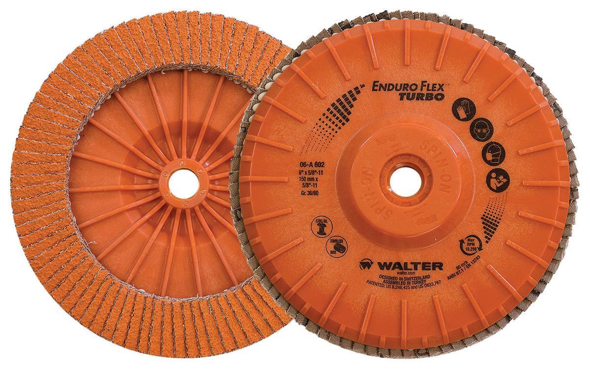 Walter Surface Technologies Enduro-Flex Turbo™ 06A602 06-A Close Spin-On Coated Flap Disc, 6 in Dia Disc, 36/60 Grit, Very Coarse Grade, Ceramic Abrasive, Type 27S Disc