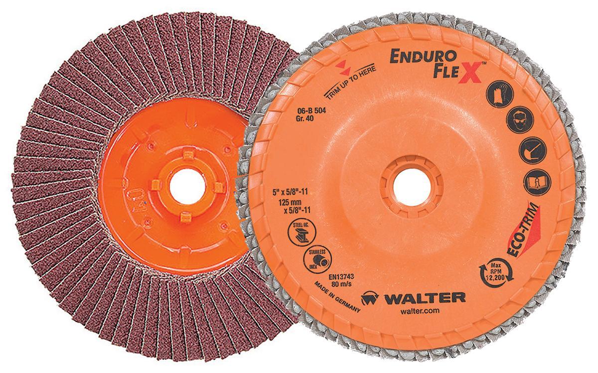 Walter Surface Technologies Enduro-Flex™ 06B504 06-B Close Spin-On Coated Flap Disc, 5 in Dia Disc, 40 Grit, Coarse Grade, Zirconia Alumina Abrasive, Type 27S Disc