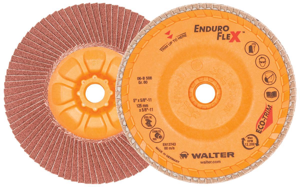 Walter Surface Technologies Enduro-Flex™ 06B508 06-B Close Spin-On Coated Flap Disc, 5 in Dia Disc, 80 Grit, Medium Grade, Zirconia Alumina Abrasive, Type 27S Disc