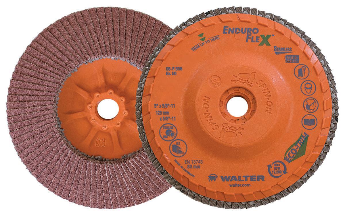 Walter Surface Technologies Enduro-Flex Stainless™ 06F506 06-F Close Spin-On Coated Flap Disc, 5 in Dia Disc, 60 Grit, Medium Grade, Zirconia Alumina Abrasive, Type 27S Disc