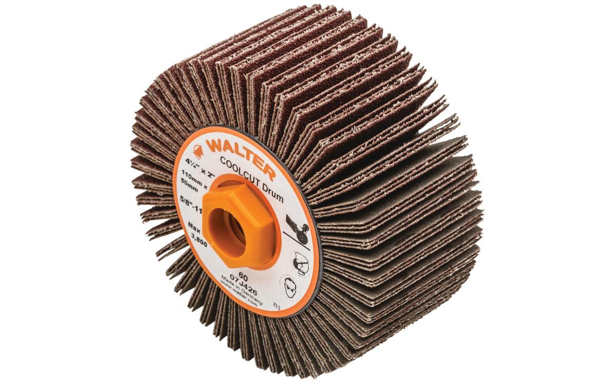 Walter Surface Technologies COOLCUT™ 07J426 Mounted Coated Flap Drum, 4-1/4 in Dia Wheel, 2 in W Face, 60 Grit, Coarse Grade, Aluminum Oxide Abrasive
