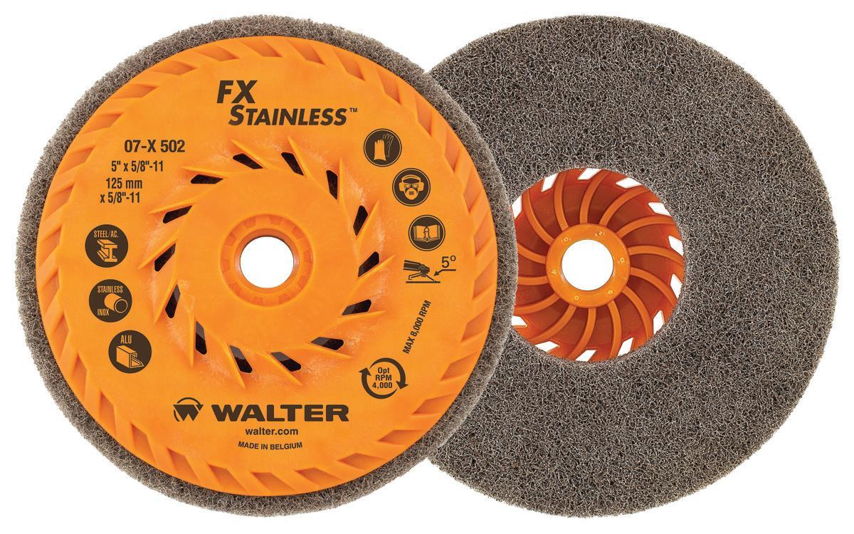 Walter Surface Technologies 07X502 Cleaner Cup Wheel, 5 in Dia Wheel, 1/2 in W Face, Extra Fine Grade, Stainless Steel Abrasive