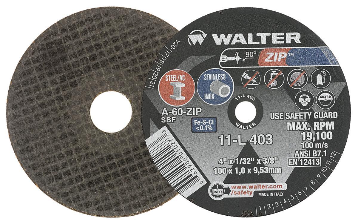 Walter Surface Technologies Zip™ 11L403 Zip™ Type 1 Cut-Off Wheel, 4 in Dia x 1/32 in THK, 3/8 in Center Hole, A-60-ZIP Grit, Aluminum Oxide Abrasive
