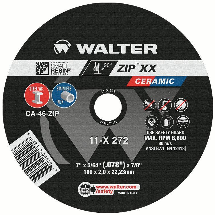 Walter Surface Technologies 11X272 ZIP™ Faster Cut-Off Wheel, 7 in Dia Wheel x 5/64 in THK Wheel, 7/8 in Center Hole, 46 Grit, Ceramic Abrasive