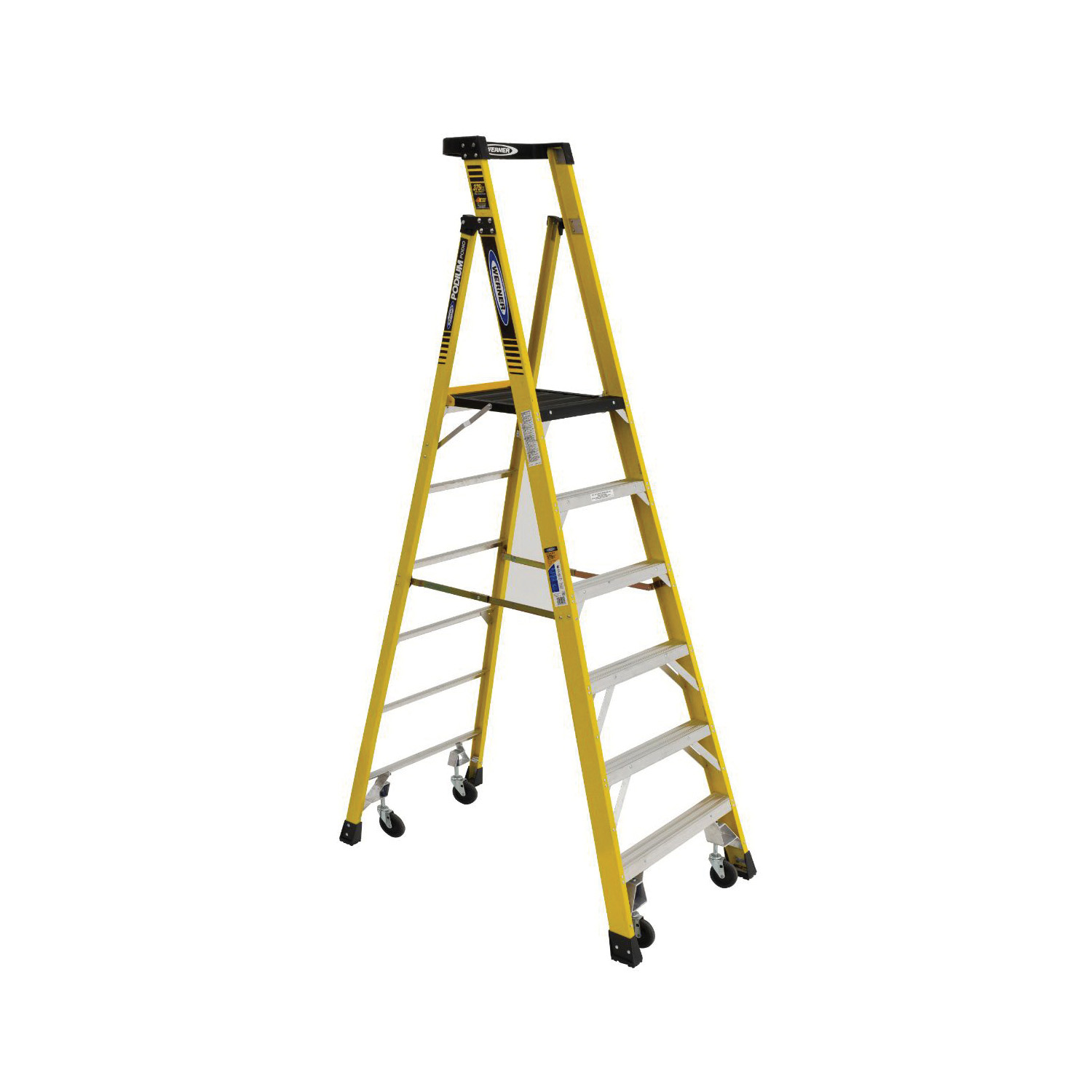 WERNER® PD7306-4C PD7300 Podium Ladder With Casters, 8 ft Ladder, 375 lb Load, 6 Steps, Type IAA, Fiberglass